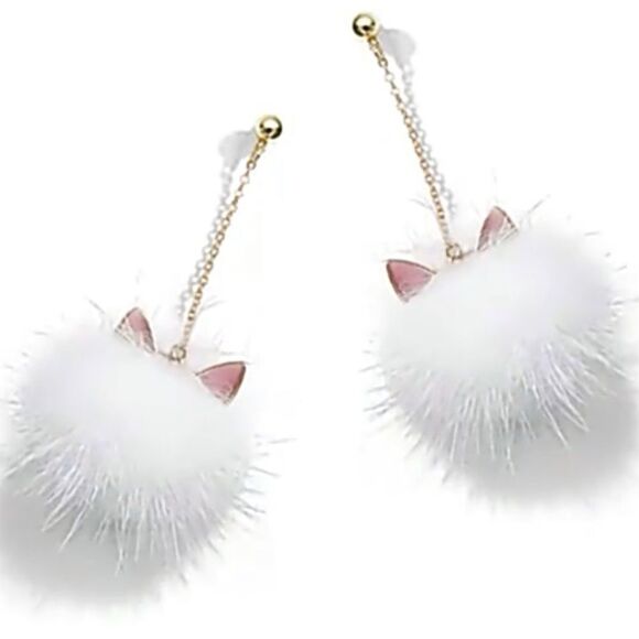 NEW White Fur Pom Pom Cat Ear Hanging  Earrings - Picture 1 of 4